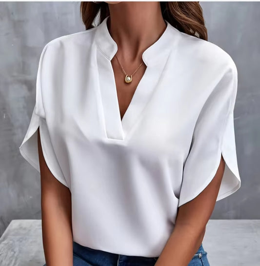 Elegant Summer V-Neck Blouse for Women - Casual Loose White Top for Office and Everyday Wear